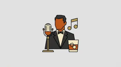 Flat illustration of a man in a tuxedo with a vintage microphone, musical notes, and a glass of whiskey