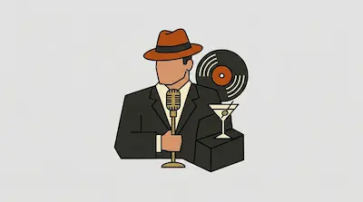 Flat illustration of a man in a suit and fedora with a vintage microphone, vinyl record, and martini on a gray background