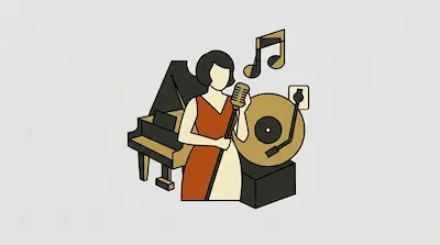 Flat illustration of a jazz singer in a red dress with a piano, a record player, and a musical note on a gray background