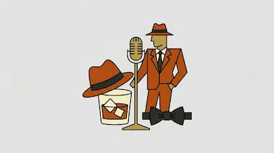 Flat illustration of a man in an orange suit next to a vintage microphone, a glass of whiskey, and a fedora hat