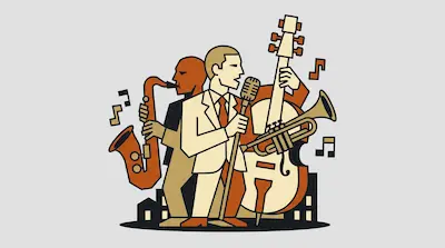 Flat illustration of a jazz band with a singer, saxophonist, and double bass player in cream and orange tones