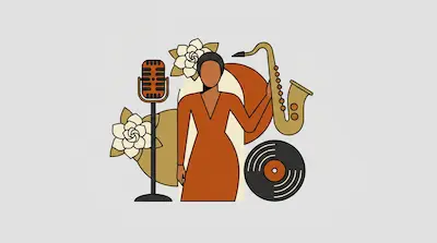 Flat illustration of a jazz singer in an orange dress surrounded by a saxophone, a microphone, and a vinyl record