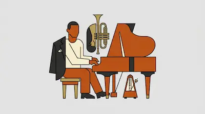 Flat illustration of a man playing a grand piano with a trumpet and metronome nearby on a gray background