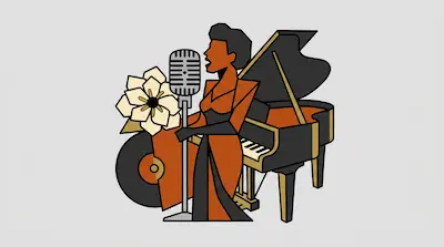 Flat illustration of a jazz singer at a microphone with a grand piano, a vinyl record, and a flower on a grey background