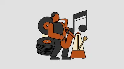 Flat illustration of a man playing a saxophone next to a stack of vinyl records and a metronome on a grey background