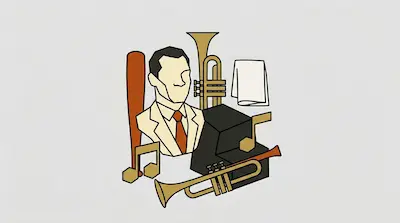 Flat illustration of a man in a suit surrounded by trumpets, music notes, and a piano on a light grey background