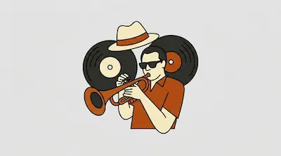 Flat illustration of a man in sunglasses playing a trumpet, with vinyl records and a fedora hat on a gray background