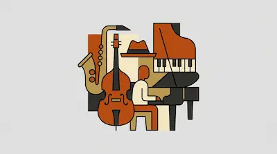 Flat illustration of a jazz band with a saxophone, double bass, and a person playing a grand piano in warm tones