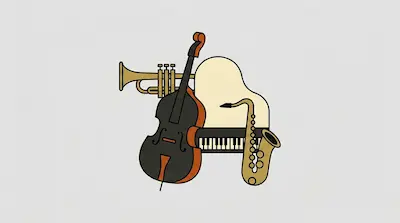 Flat illustration of a cello, piano, saxophone, and trumpet grouped together on a plain light gray background