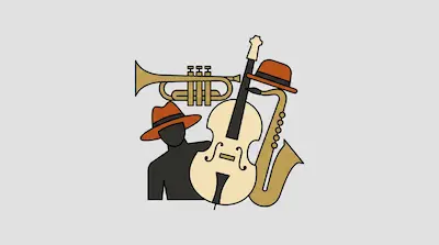 Flat illustration of a jazz ensemble featuring a trumpet, saxophone, cello, and a silhouetted figure in a fedora hat