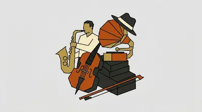 Flat illustration of a man playing saxophone next to a cello and a vintage gramophone on a light gray background