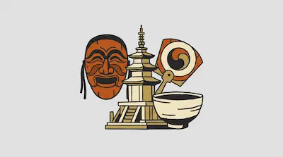 Flat illustration of a Korean Hahoe mask, a stone pagoda, and a traditional fan on a light gray background