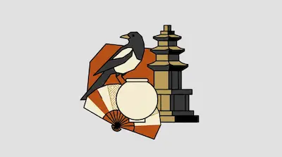 Flat illustration of a magpie bird, a traditional pagoda, and a folding fan on a light gray background