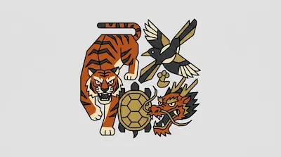 Flat illustration of a tiger, a magpie, a turtle, and a dragon head in a bold graphic style on a gray background