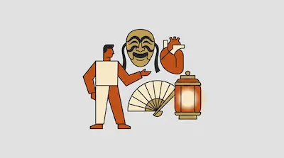Flat illustration of a man standing next to a traditional mask, a human heart, a folding fan, and a glowing lantern.