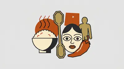 Flat illustration of a stylized face, a bowl of steaming rice, a chili pepper, and a wooden spoon on a gray background