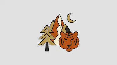 Flat illustration of a tiger head, a pine tree, and a mountain peak under a crescent moon on a gray background