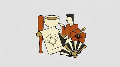 Flat illustration of a man with a baseball bat, a diagram of a field, a hibiscus flower, and a folding fan.