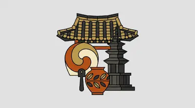 Flat illustration of a Korean temple roof, a stone pagoda, a traditional fan, and a clay pot on a gray background