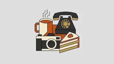 Flat illustration of a steaming coffee mug, a rotary telephone, a camera, and a slice of cake on a gray background