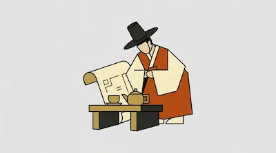 Flat illustration of a man in traditional Korean hanbok reading a scroll by a tea set on a small wooden table