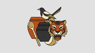Flat illustration of a tiger head, a magpie bird, and traditional clay pots on a light gray background