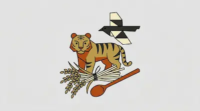 Flat illustration of a tiger, a geometric bird, a bundle of wheat, and a wooden spoon on a light gray background