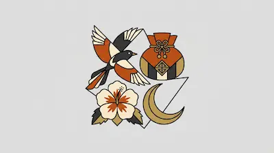 Flat illustration of a magpie, a traditional lucky pouch, a hibiscus flower, and a crescent moon on a gray background