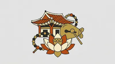 Flat illustration of a Buddhist temple, a lotus flower, prayer beads, and a wooden fish instrument on a gray background