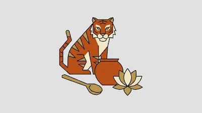 Flat illustration of a geometric tiger sitting next to a clay pot, a wooden spoon, and a lotus flower on a gray background