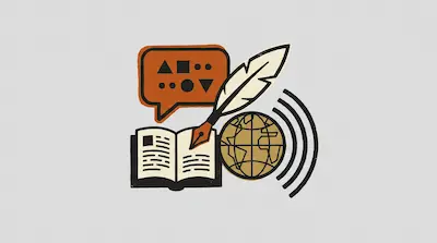 A quill pen, an open book, a globe with signal waves, and a speech bubble containing geometric shapes.