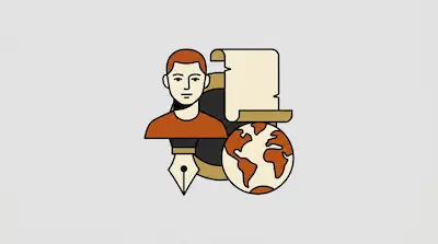 Flat illustration of a man, a fountain pen nib, a paper scroll, and a globe on a light grey background