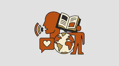 Flat illustration of a profile head, an open book, a globe, and a human figure in orange and tan tones