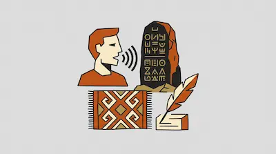 Flat illustration of a man speaking next to a stone tablet with hieroglyphs, a patterned rug, and a quill pen.
