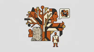 Flat illustration of a geometric tree, a stone tablet with runes, and a human profile with a speech bubble on gray.