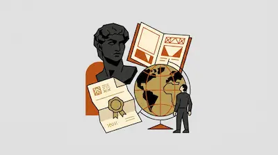 Flat illustration of a classical bust, a world globe, and a person looking at an open book on a grey background