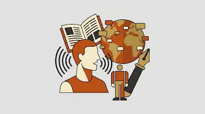 Flat illustration of a man speaking next to a globe with speech bubbles, a book, and a fountain pen on a grey background