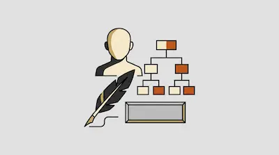 Flat illustration of a human bust, a quill pen, and a hierarchical organizational chart on a gray background