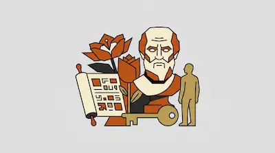 Flat illustration of a philosopher bust, a paper scroll, and a golden key on a light gray background