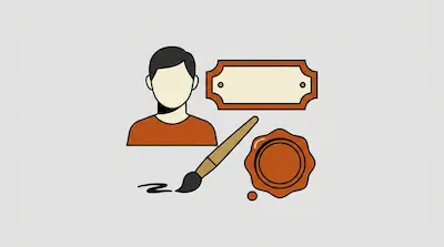 Flat illustration of a man, a paintbrush, a wax seal, and a blank nameplate on a light gray background