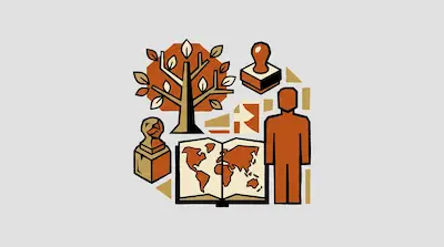 Flat illustration of a stylized tree, a world map book, and a human figure in orange and tan tones on a gray background
