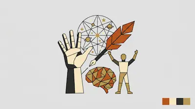 Flat illustration of a hand, a brain, a quill, and a human figure with geometric patterns on a gray background