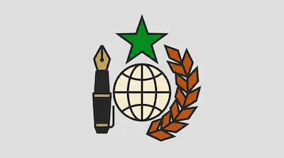 Flat illustration of a green star, a fountain pen, a globe, and a wheat stalk on a light grey background