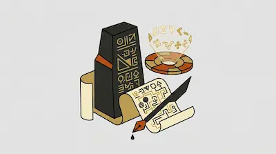 Flat illustration of a black obelisk with gold symbols, a parchment scroll, and a glowing holographic ring of icons