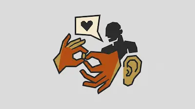 Flat illustration of hands signing, a silhouette of a person, a heart speech bubble, and an ear on a gray background