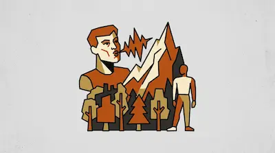Flat illustration of a giant face blowing wind over a mountain range and forest with a small human figure standing nearby