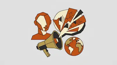 Flat illustration of a person, a megaphone, and a globe with a shattered speech bubble in orange and tan tones