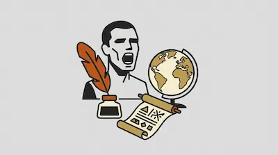 Flat illustration of a shouting man next to a globe, a quill in an inkwell, and a scroll with symbols on a gray background