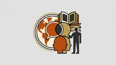 Flat illustration of a globe, open books, and human silhouettes with speech bubbles in earth tones on a gray background