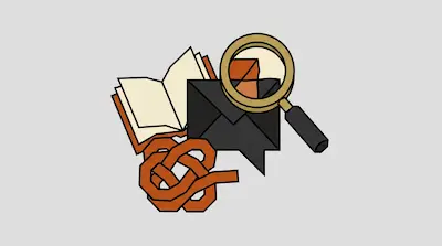 Flat illustration of an open book, a black envelope, a tangled orange rope, and a magnifying glass on a grey background